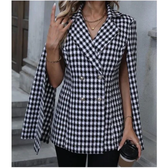 Classic Houndstooth Print Cloak Sleeve Jacket - Picture 2 of 6
